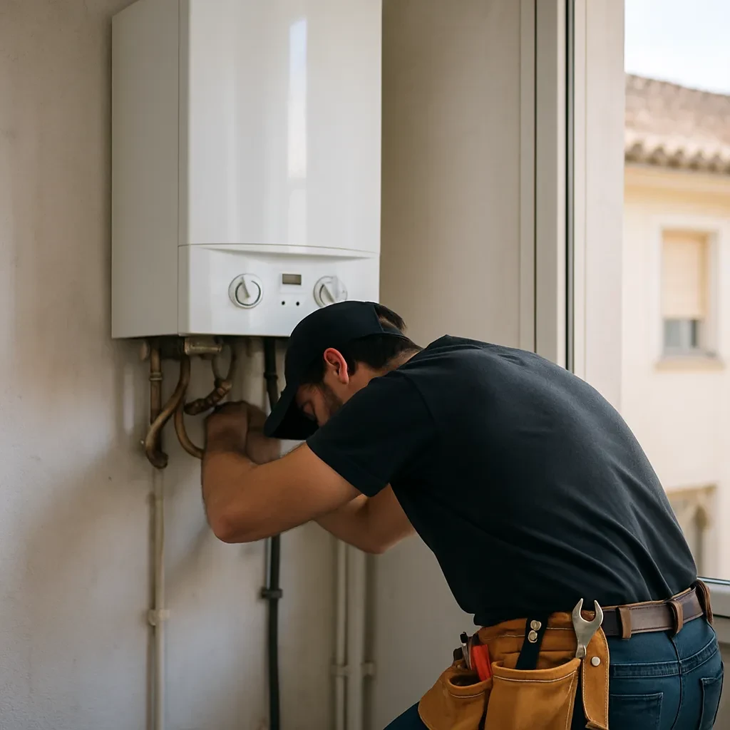 Foto documental de un profesional revisando un termo electrico en Malaga, con cinturon de trabajo.