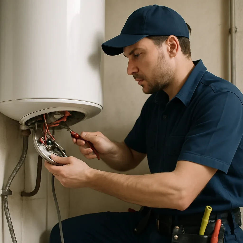 Foto realista de un profesional revisando un termo electrico en termos-a-gas, con cinturon de trabajo.