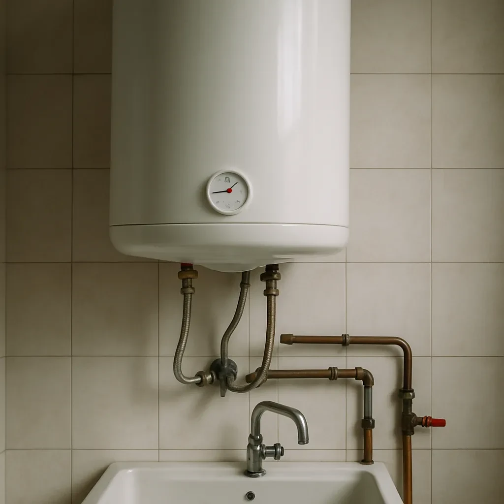 Imagen realista de un termo electrico instalado en una casa en Pontevedra, mostrando conexiones visibles.