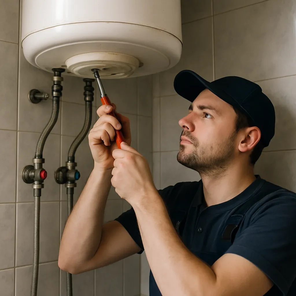 Imagen de un especialista reparando un calentador de agua en instalacion-termos-electricos, mostrando valvulas.