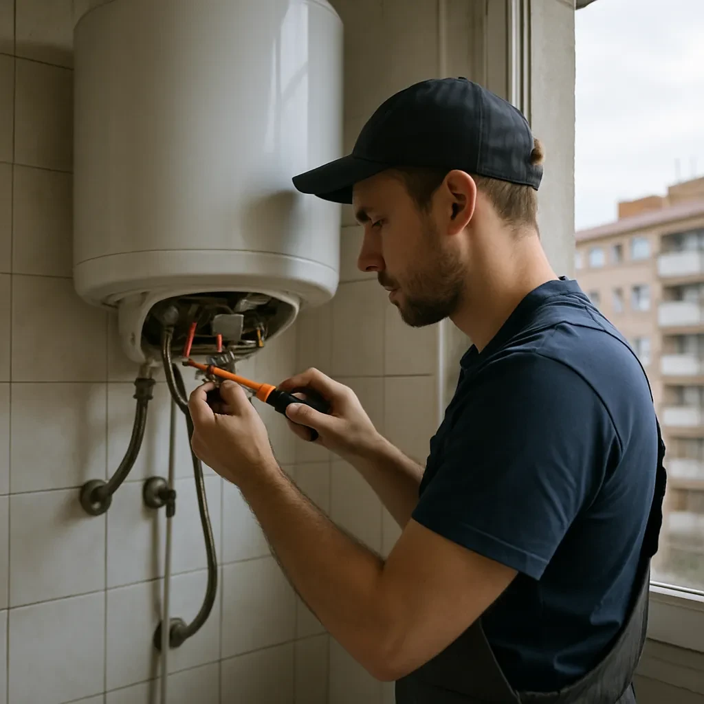 Fotografia nitida de un trabajo de mantenimiento sobre termo electrico en reparacion-termos-gas.