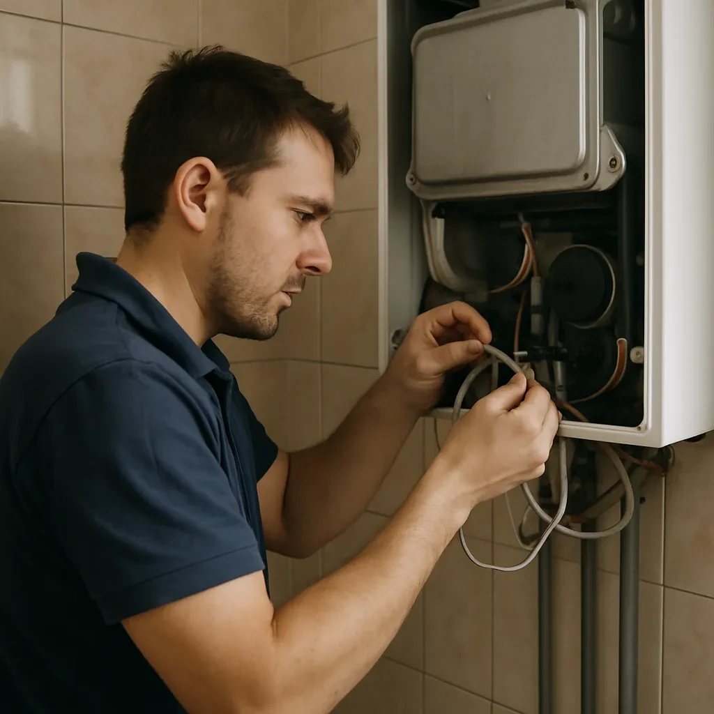 Foto documental de un tecnico revisando un termo electrico en Salamanca, con ropa de servicio.