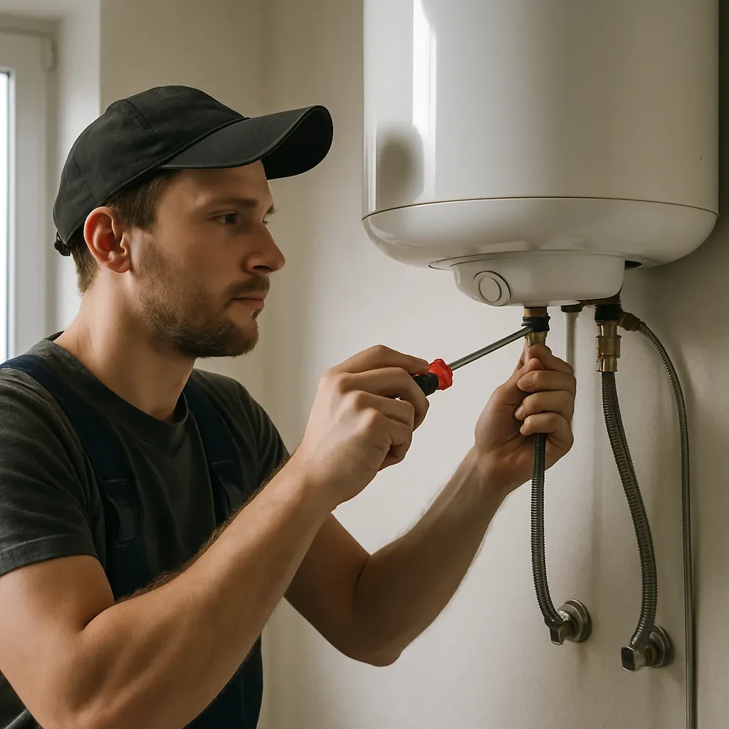 Imagen de un especialista reparando un calentador de agua en termos-acumulacion, mostrando instalacion en pared.