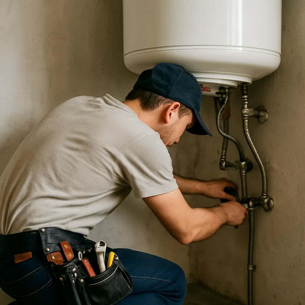 Imagen de un tecnico certificado reparando un calentador de agua en termos-electricos, mostrando instalacion en pared.