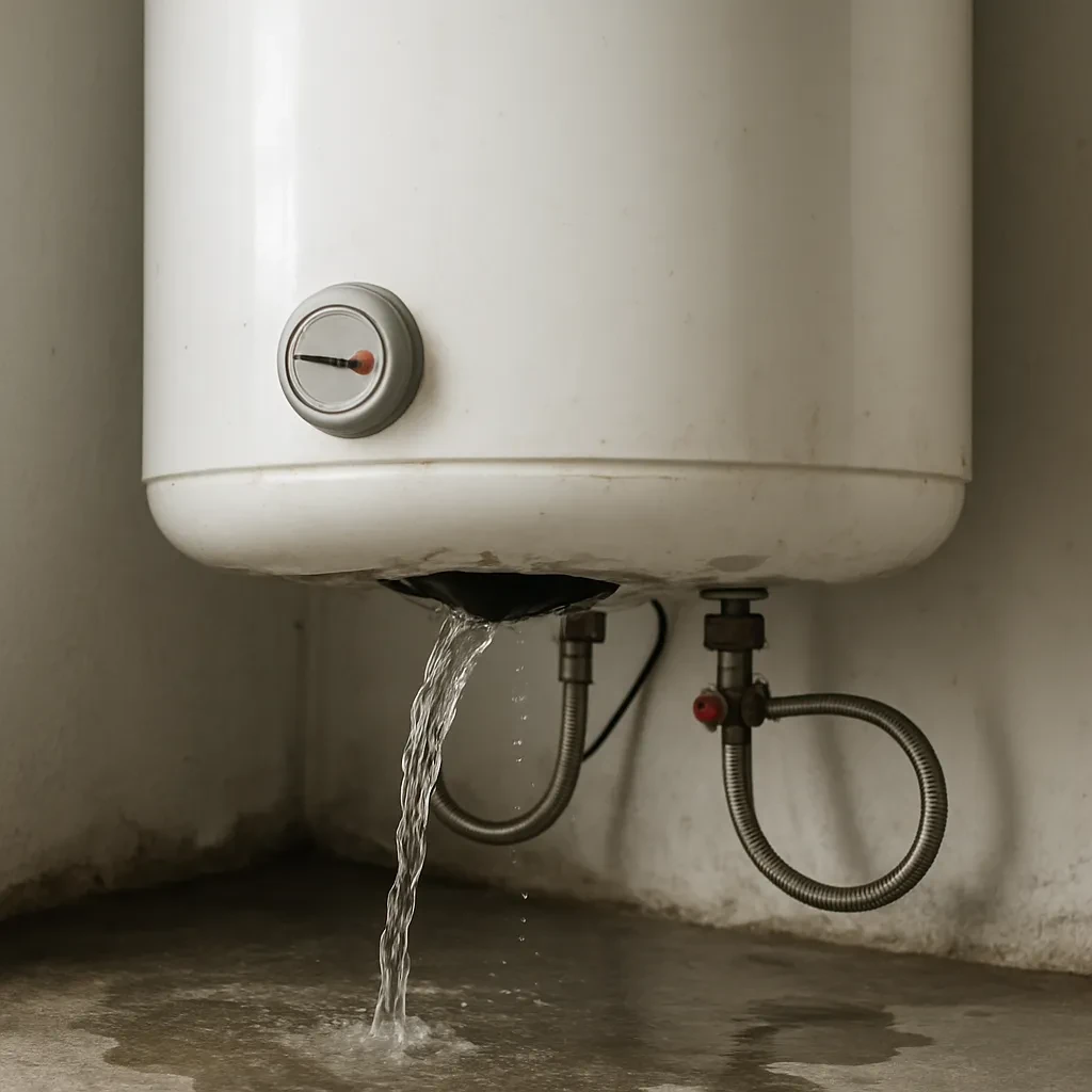 Foto clara de un calentador de agua en termos-acumulacion con fuga, ideal para ilustrar servicios de reparacion.