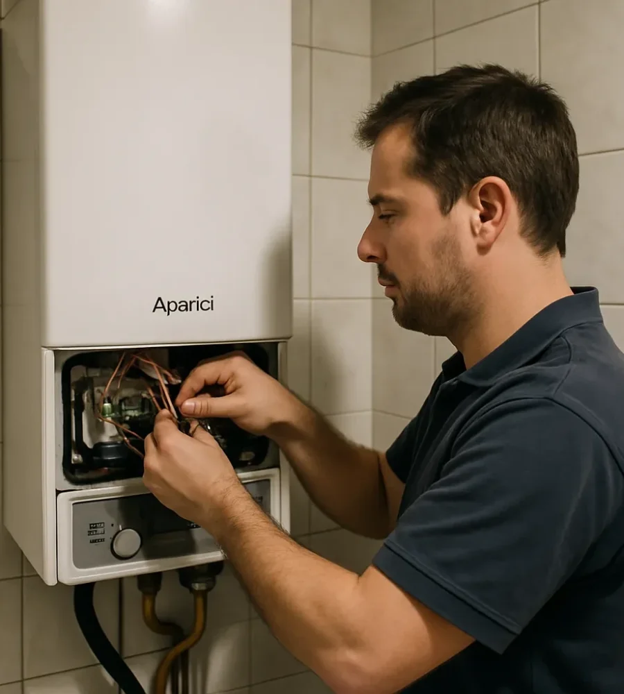 Fotografia nitida de un trabajo de mantenimiento sobre termo electrico en Aparici.